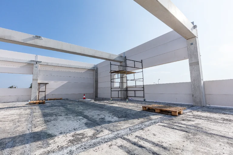Concrete beams and scaffolding at a construction site