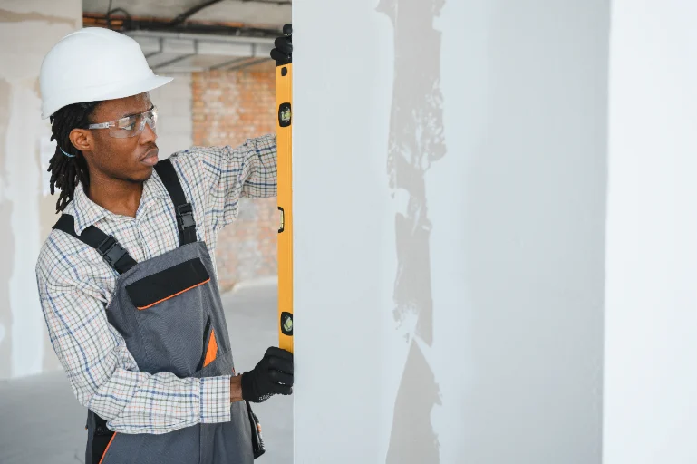 Worker checking an interior wall with a level