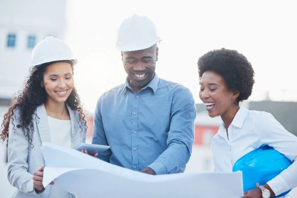 Engineers reviewing construction blueprints